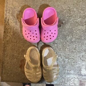 Bundle size 5 crocs, pink and clear sparkle, Mary Jane’s